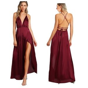 Satin deep v neck backless maxi dress